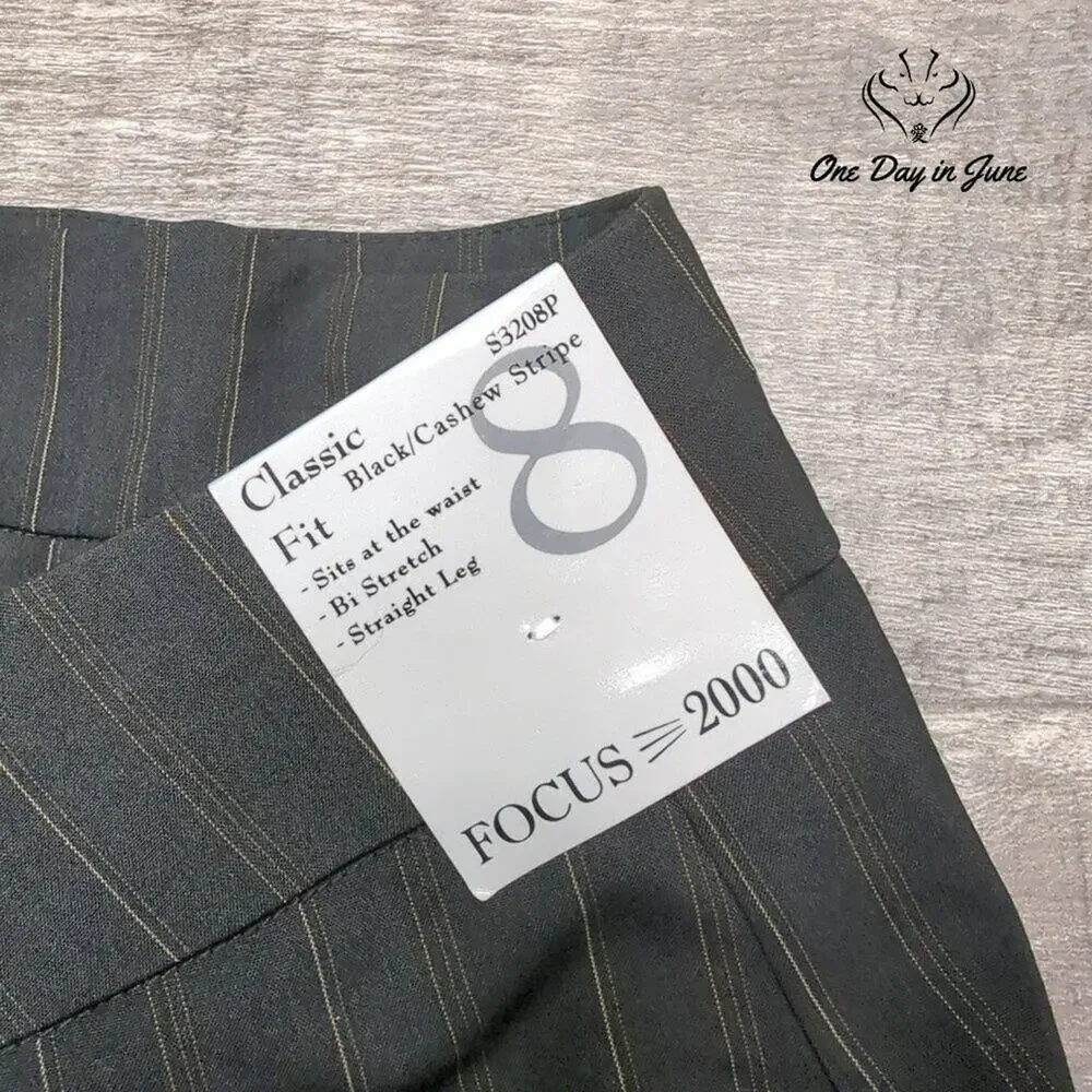 Focus 2000 Classic Fit Pinstripe Pants Black Brown Straight Leg NWT Size 8